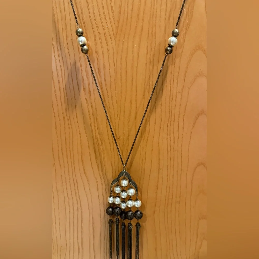 Stunning Vintage-Style Faux Pearl Chandelier 36” Necklace Brass Cable Chain